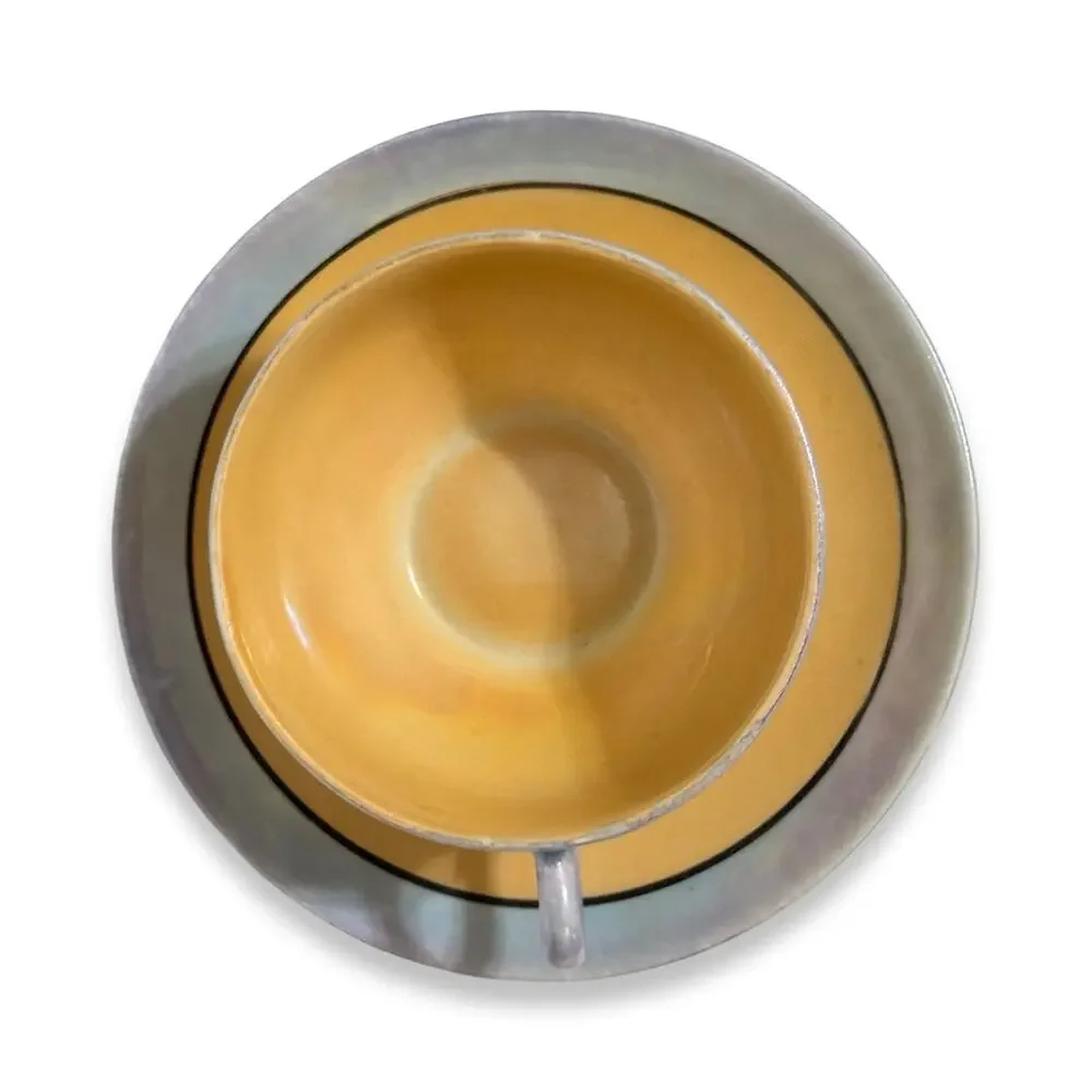 Vintage 1930s Japan Art Deco Lusterware Cup Saucer Butterscotch Gray Black
